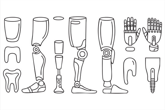 Medical prosthesis illustration collection for disability healthcare, mobility support, therapy, and clinical design