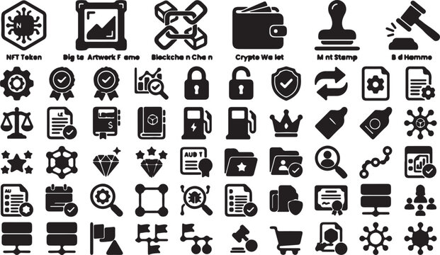 Collection of crypto and blockchain icons including NFT, wallet, and smart contract symbols.