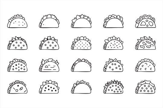 Mexican taco outline collection for food packaging, restaurant branding, takeaway menus, and cafe graphics