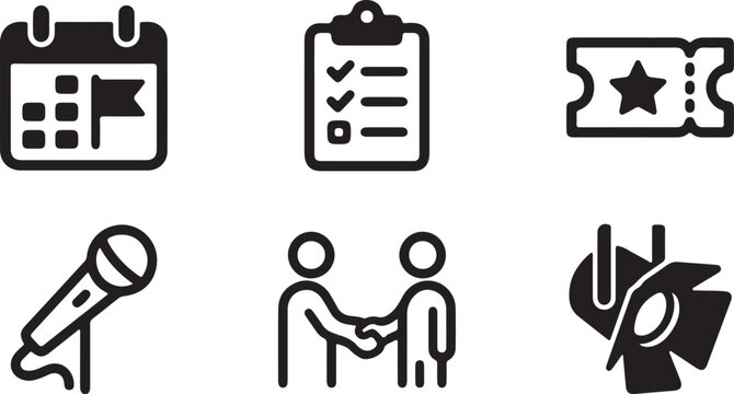 Event management and conference icons set with calendar ticket and microphone.