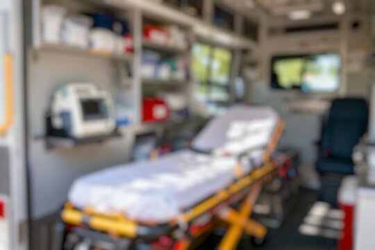 Soft focus image of medical transport interior featuring stretcher and tools, illustrating emergency response and patient care.