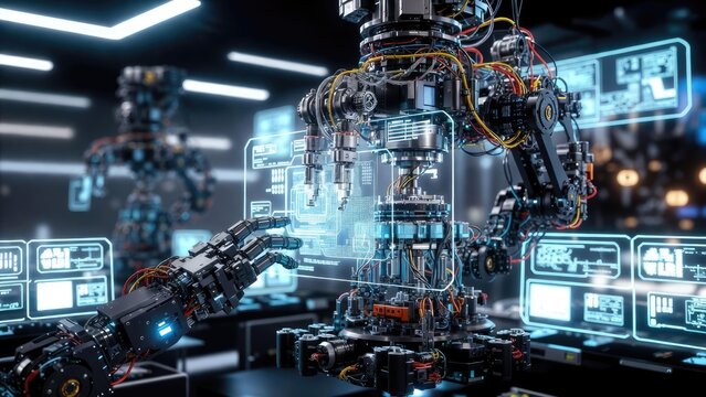 Advanced robotics interaction futuristic technology showcase industrial setting digital innovations