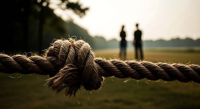 Thick twisted rope with a large knot in a park with two people standing in background