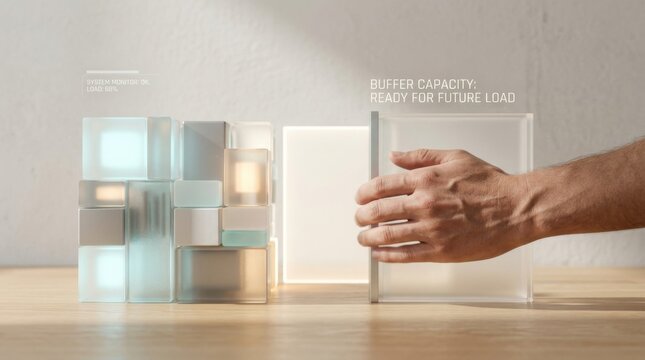 Person's hand holding glass block representing system capacity buffer concept in technology and business