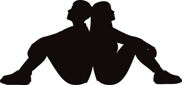 Black silhouette of young man and woman sitting back to back on transparent background.