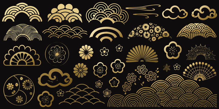 traditional japanese wave and floral patterns gold on black