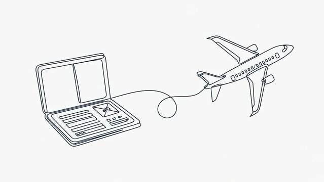 Minimalist digital art travel connections of laptops and airplanes in a continuous line