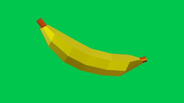 Low poly yellow banana rotating 360 degrees on green screen background. 3d rendering.