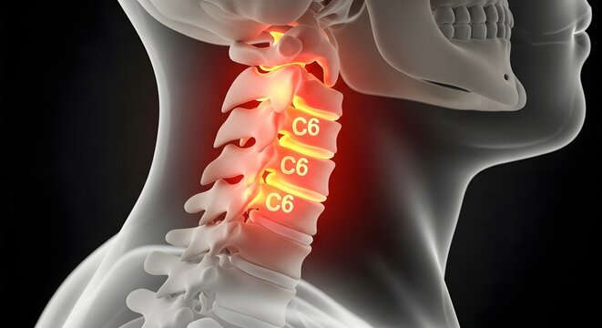 Cervical vertebrae inflammation and C6 spinal pain. Medical anatomy and neurosurgery concept. Anatomical render of the human neck with glowing red labels on the C6 vertebrae