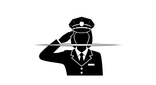 Female police officer or military official in uniform saluting silhouette icon.