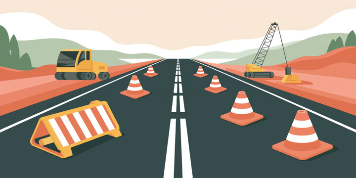 road construction zone with traffic cones and machinery under sunset sky flat vector illustration