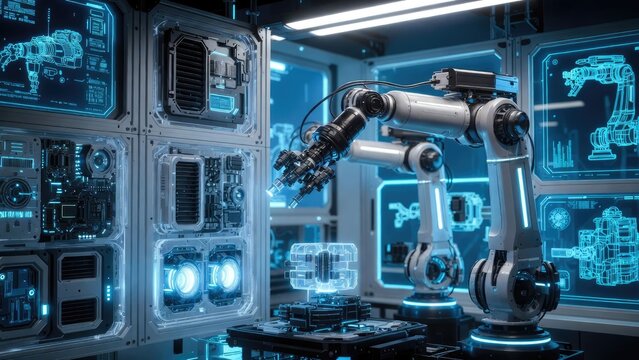 High-tech lab close-up advanced robotics interaction in a dynamic futuristic setting