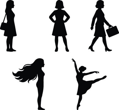 Set of female silhouettes in everyday and artistic poses including walking standing carrying bag and ballet dancing isolated on white background