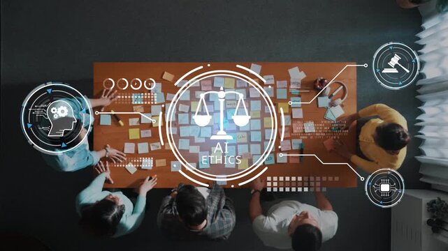 Overhead view of a diverse team collaborating on ethical considerations using technology, featuring digital elements and colorful brainstorming notes in a modern workspace. Raster