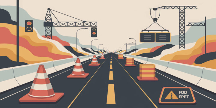 urban highway construction zone with traffic cones and warning signs vector illustration