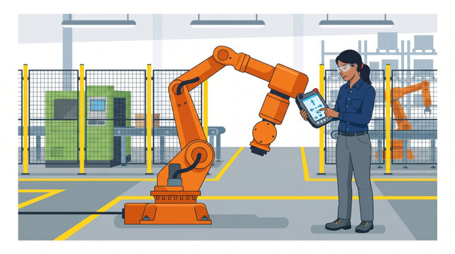 Female automation engineer programming industrial robot arm with teaching pendant flat vector illustration