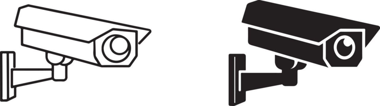 Surveillance camera icon in black silhouette and linear outline style.