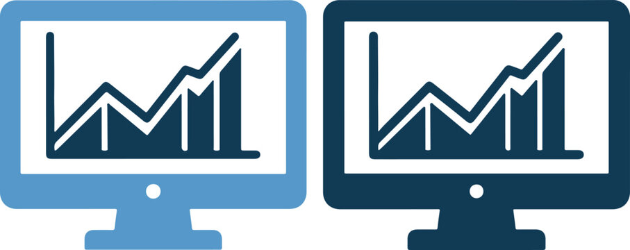 Vector illustration of computer monitors with graph on screen in blue outline
