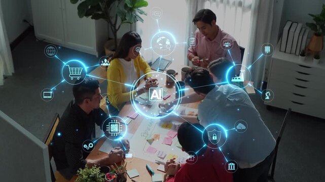 A vibrant business meeting with diverse professionals brainstorming innovative ideas on artificial intelligence. The modern office setting enhances creativity and collaboration. Raster