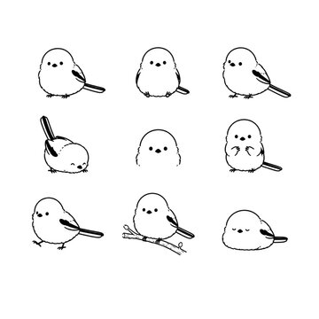 A set of cute line art illustrations of long-tailed tits.