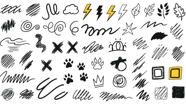 Large collection of diverse hand-drawn black and yellow doodles, scribbles, lightning bolts, leaves, and shapes.