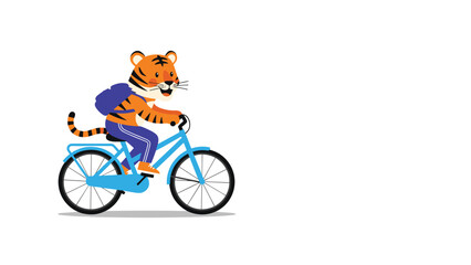 Fototapeta premium Cute cartoon tiger riding a blue bicycle while wearing a purple backpack on a clear white background for kids.