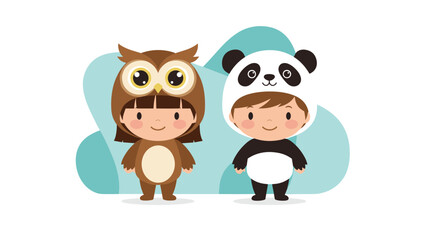 Naklejka premium Charming young girl and boy wearing cozy owl and panda animal onesie costumes stand together against a soft blue and white background.