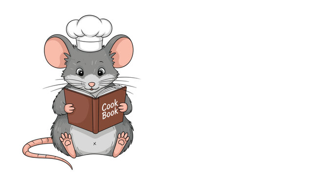 Adorable cartoon mouse wearing a white chef hat reads a brown cookbook while sitting peacefully on a clean and bright white background.