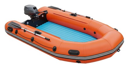 Naklejka premium Inflatable orange rubber boat with a motor and oars rests on a white background.