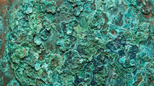 Detailed texture of green oxidized copper verdigris patina surface