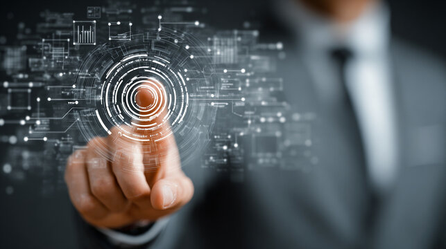 Businessman interacting with futuristic technology interface touching digital circle on blurred dark background with circuit board pattern