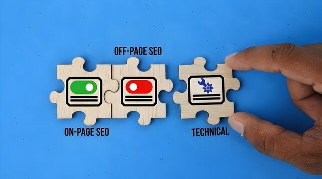 SEO Strategy Concept with Jigsaw Puzzle Pieces Representing On-Page, Off-Page, and Technical SEO