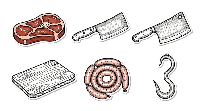 Raw meat and butcher tools illustration.
