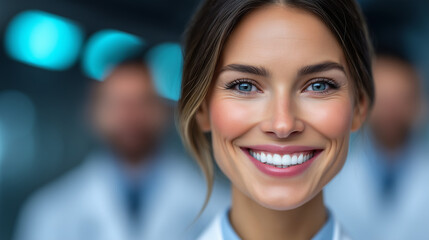 Fototapeta premium Diverse Medical Team Smiling in Modern Hospital - Teamwork and Confidence Concept with Professional Color Grading