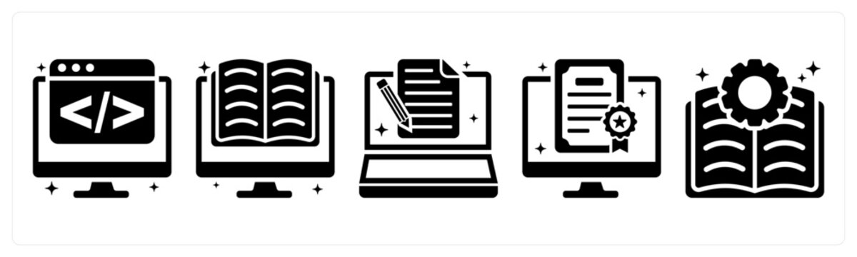 A set of 5 icons as programming, e learning, exam online