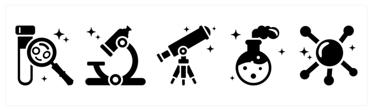 A set of 5 icons as test tube, microscope, telescope