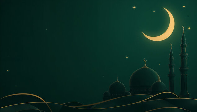Eid Mubarak celebration background. Mosque silhouette with crescent moon and stars. Dark green night sky. Golden arabesque patterns and flowing ribbon lines for Islamic holiday.