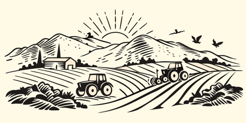 Rural landscape with tractors and farmland vintage style woodcut illustration on a beige background © Bijoy