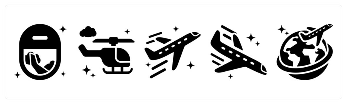 A set of 5 icons as plane window, helicopter, airplane takeoff