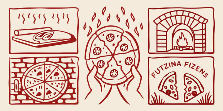 Hand drawn illustration of pizza slices a wood fired oven and cheese pull on a light beige background