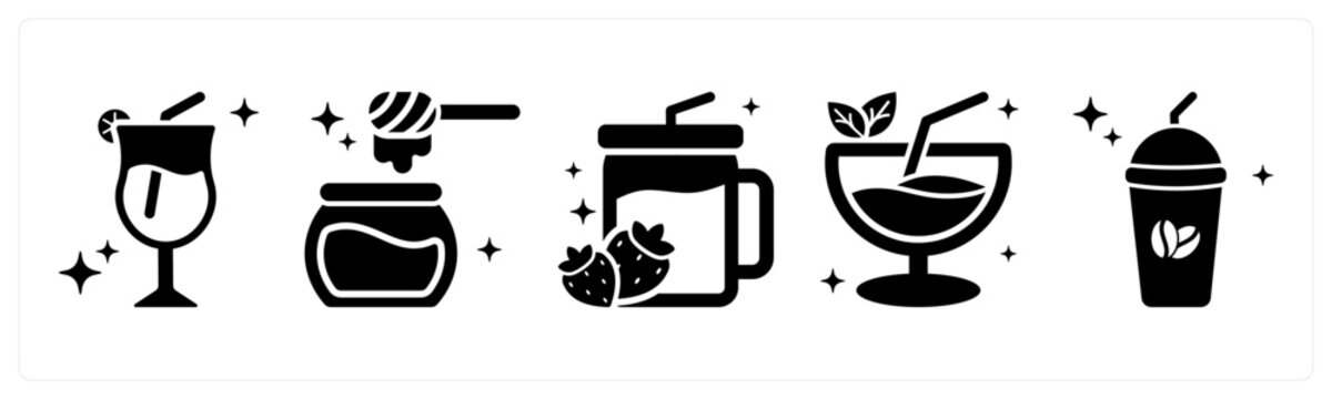 A set of 5 icons as mocktail, honey, smoothie