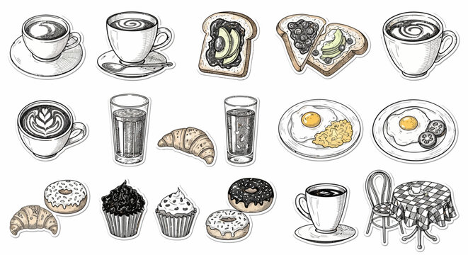 A collection of breakfast food and drink items.