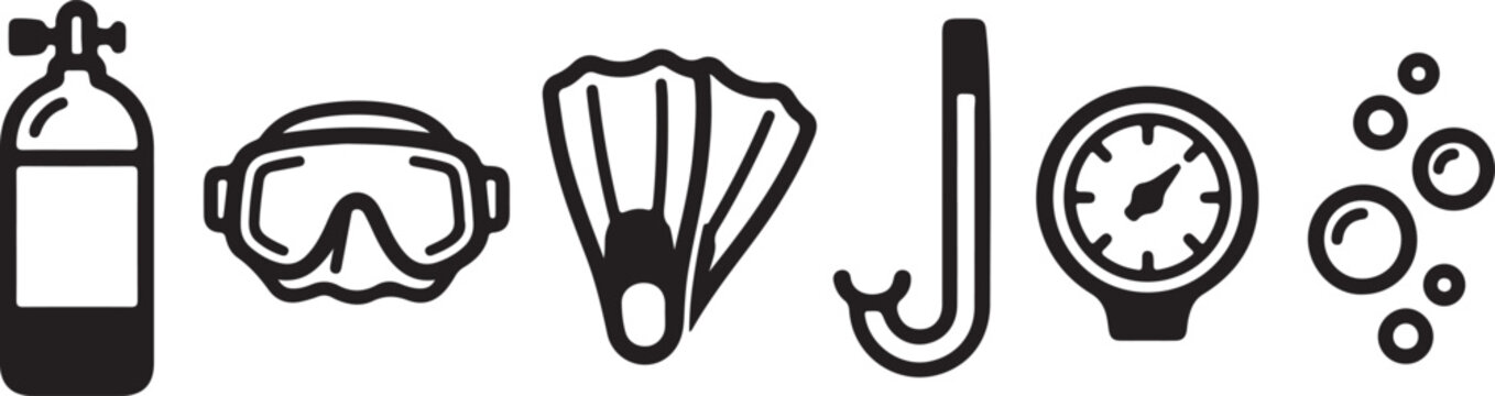 Scuba diving and snorkeling equipment icon set including oxygen tank mask fins snorkel and pressure gauge.