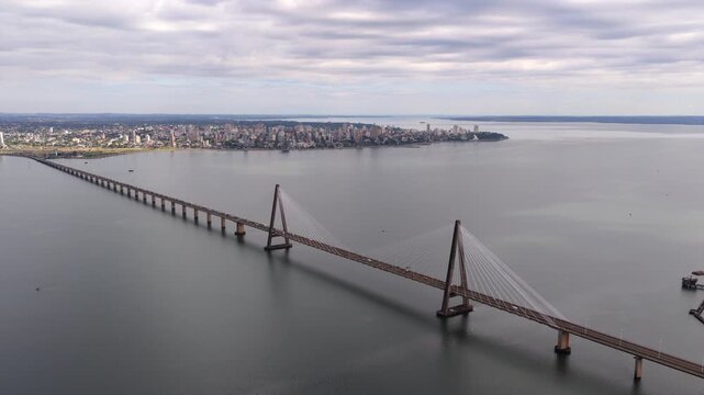 Dramatic Aerial of Puente Internacional San Roque Gonz&aacute;lez de Santa Cruz Linking Argentina and Paraguay Amid Overcast Skies