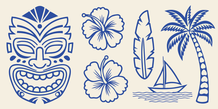 Polynesian tiki mask with hibiscus flowers palm tree and sailboat vector illustration in blue