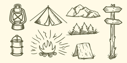 Hand drawn camping elements including lantern tent campfire mountains and signpost illustration high quality professional © Bijoy