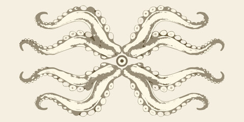 Detailed illustration of an octopus with symmetrical tentacles and circular suckers on a beige background © Bijoy