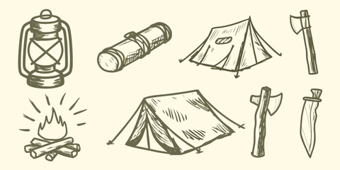Camping equipment sketch set including lantern tent axe and campfire on white background high quality © Bijoy