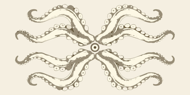 Detailed illustration of an octopus with symmetrical tentacles and circular suckers on a beige background