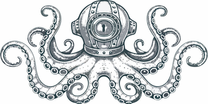 Octopus with vintage diving helmet detailed illustration in grayscale on a white background high quality